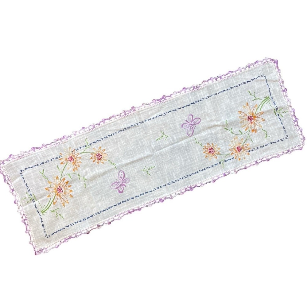 Linen Table Runner Dresser Scarf Embroidery Floral Crochet Purple Edge 36" x 13"